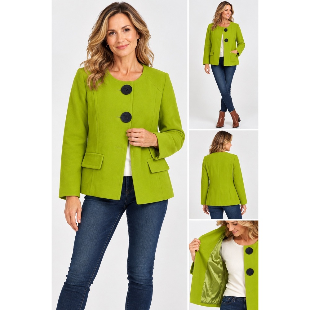 Margaret Frances Lime Green Collarless Blazer Jacket Large Black Buttons Size 10
